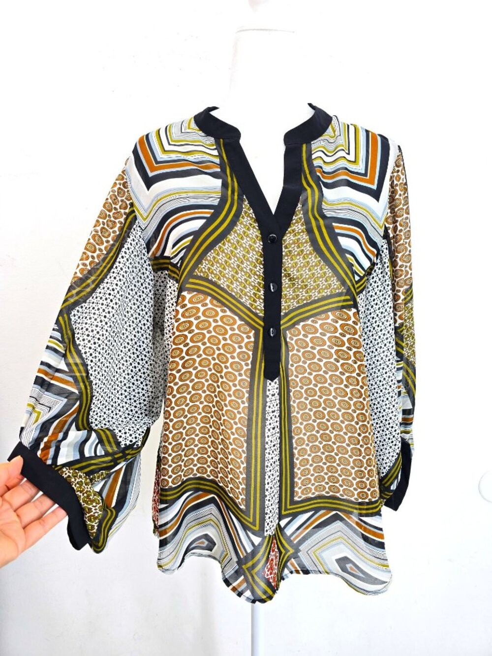 Vintage Joseph Ribkoff Geometric Relaxed Long Sleeve Blouse Women Size 10